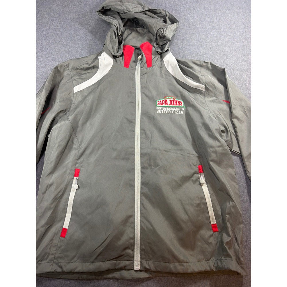Papa Johns Pizza Employee Uniform Windbreaker Jacket Gray Mens Small Hooded